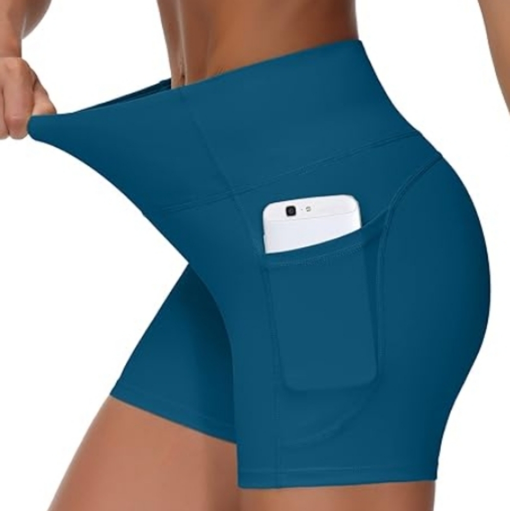 High Waist Yoga Athletic Shorts with Deep Pockets Green Blue